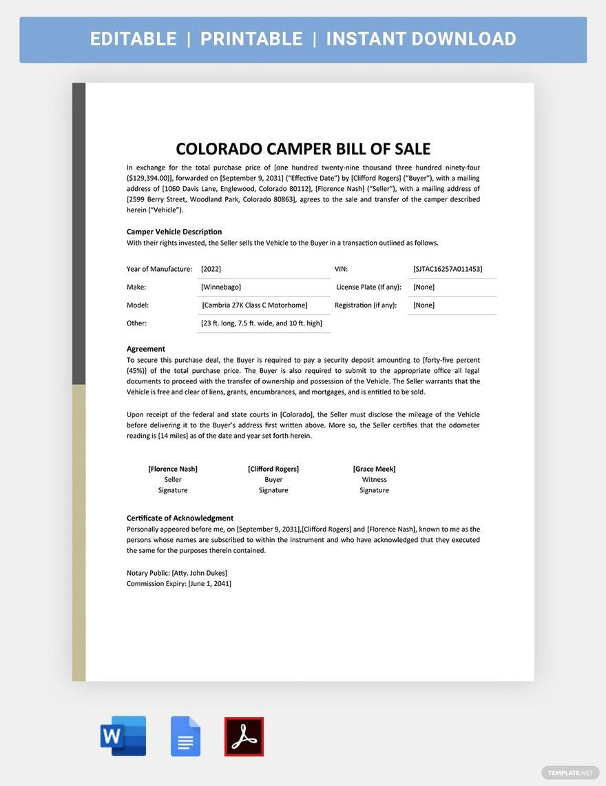 Free Colorado Camper Bill Of Sale Form Template in Word, Google Docs, PDF
