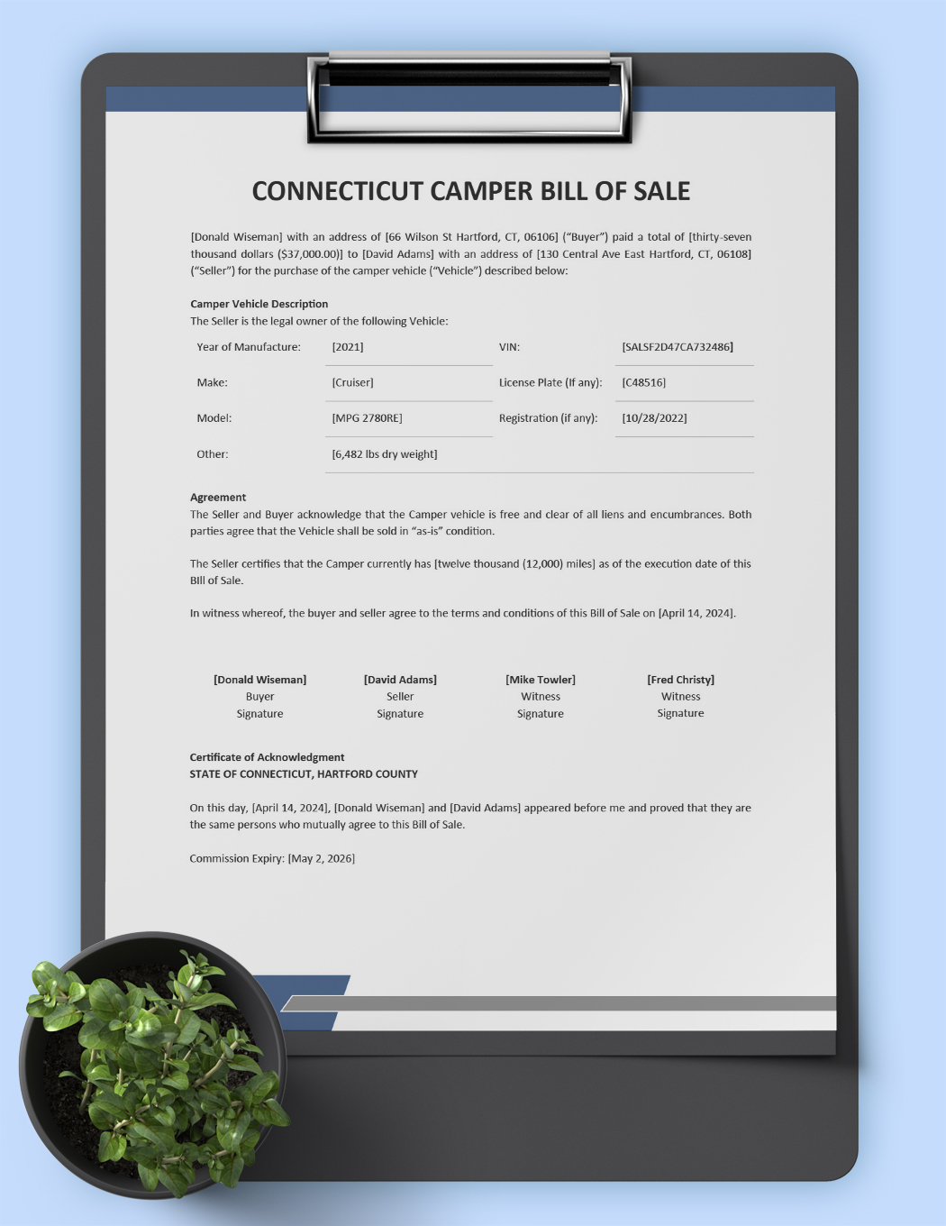 Connecticut Camper Bill of Sale Template