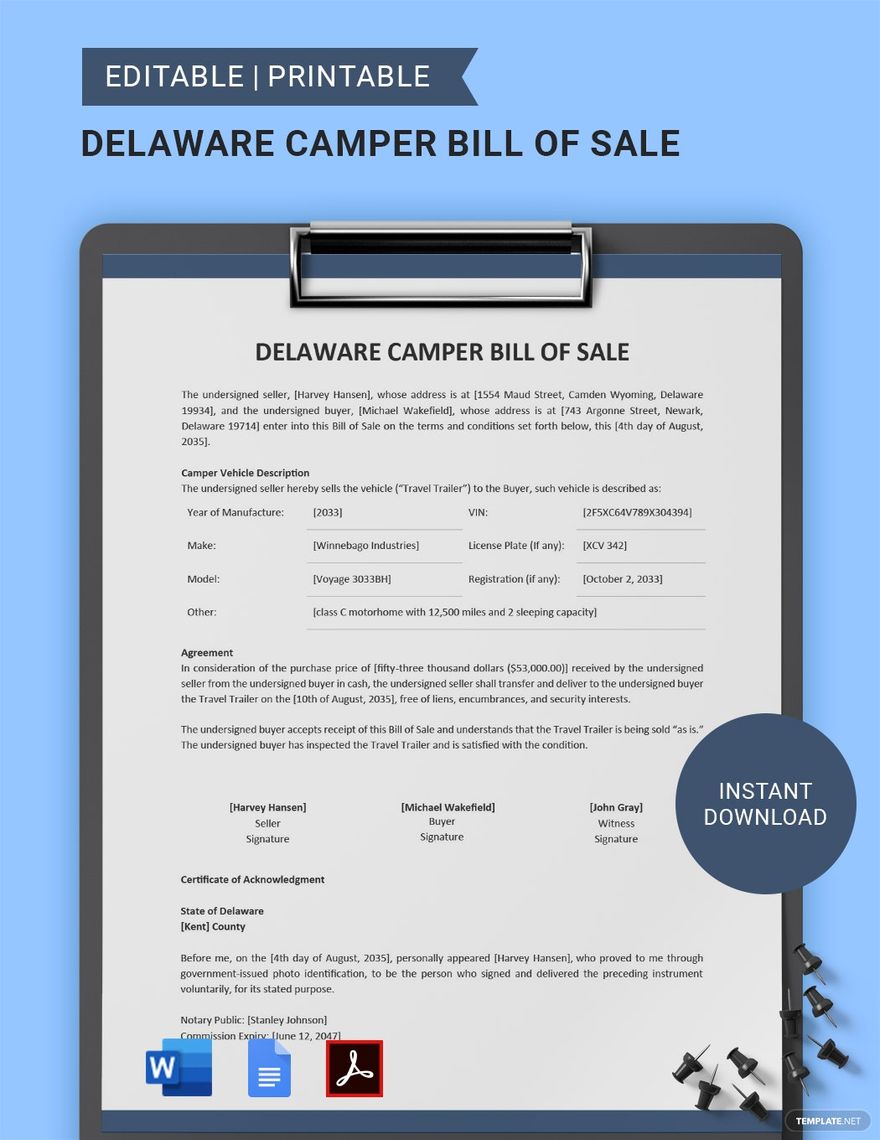 Delaware Camper Bill of Sale Template