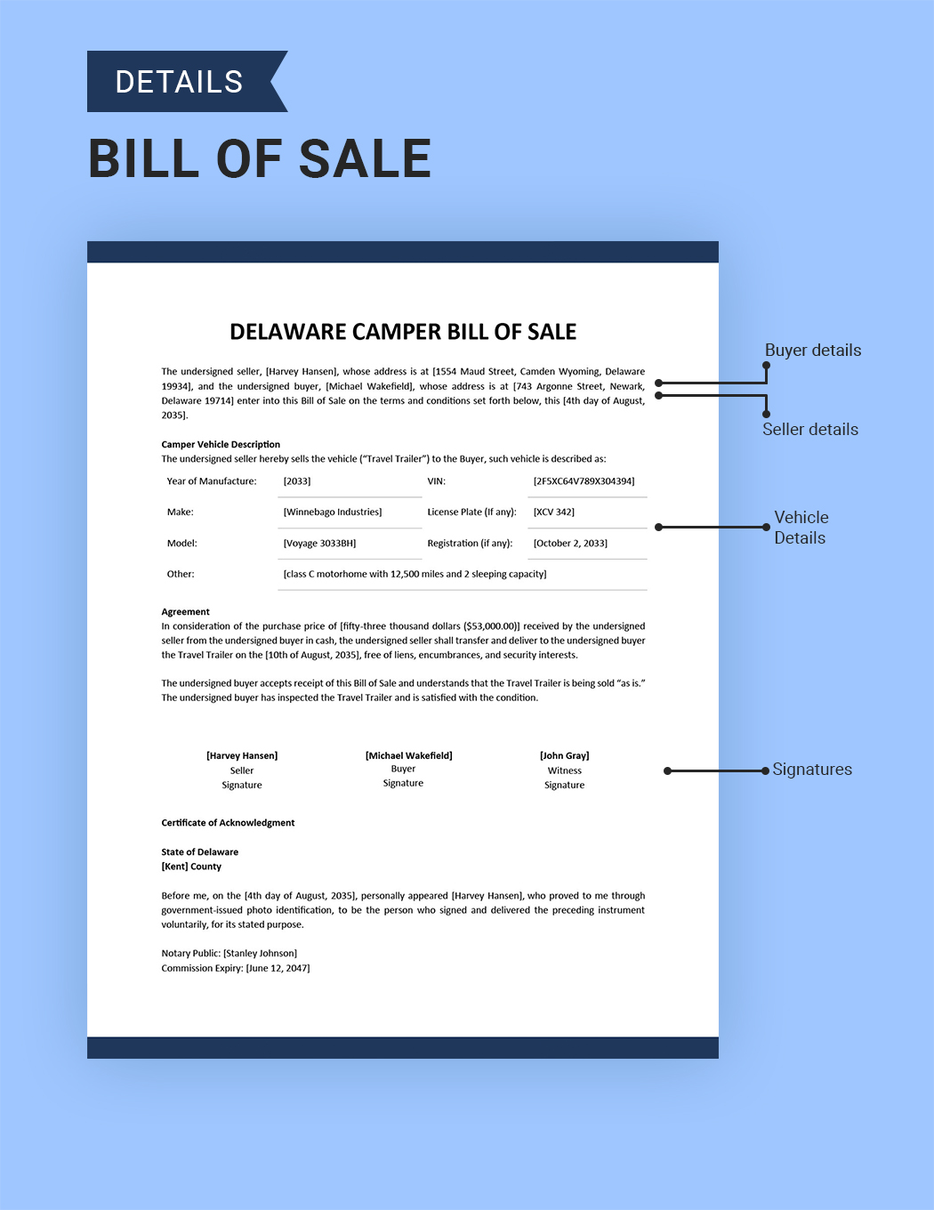 Delaware Camper Bill of Sale Template