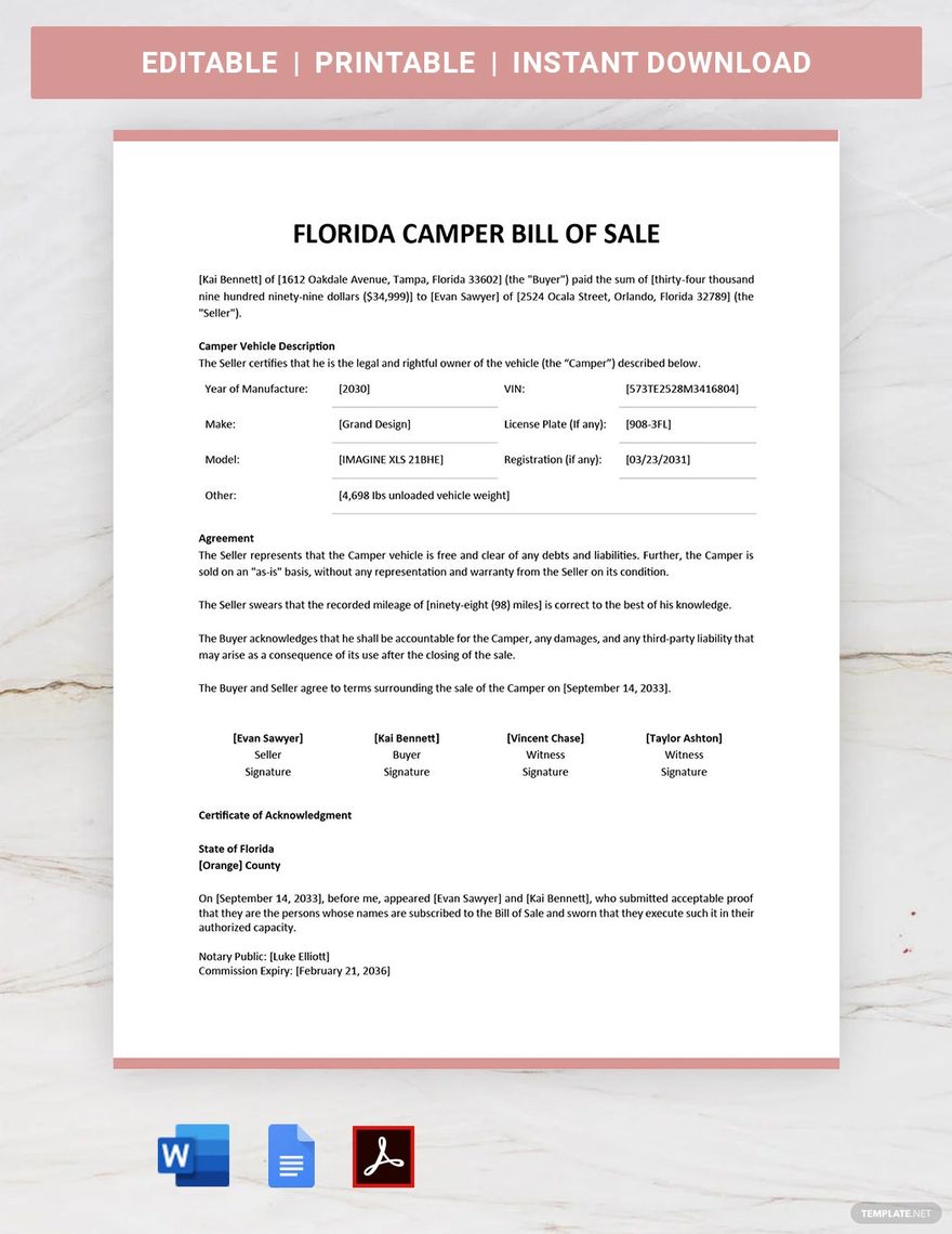 Florida Camper Bill of Sale Template