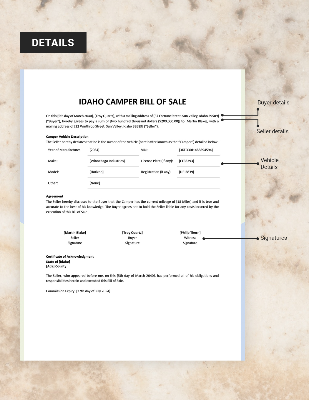 Idaho Camper Bill of Sale Template