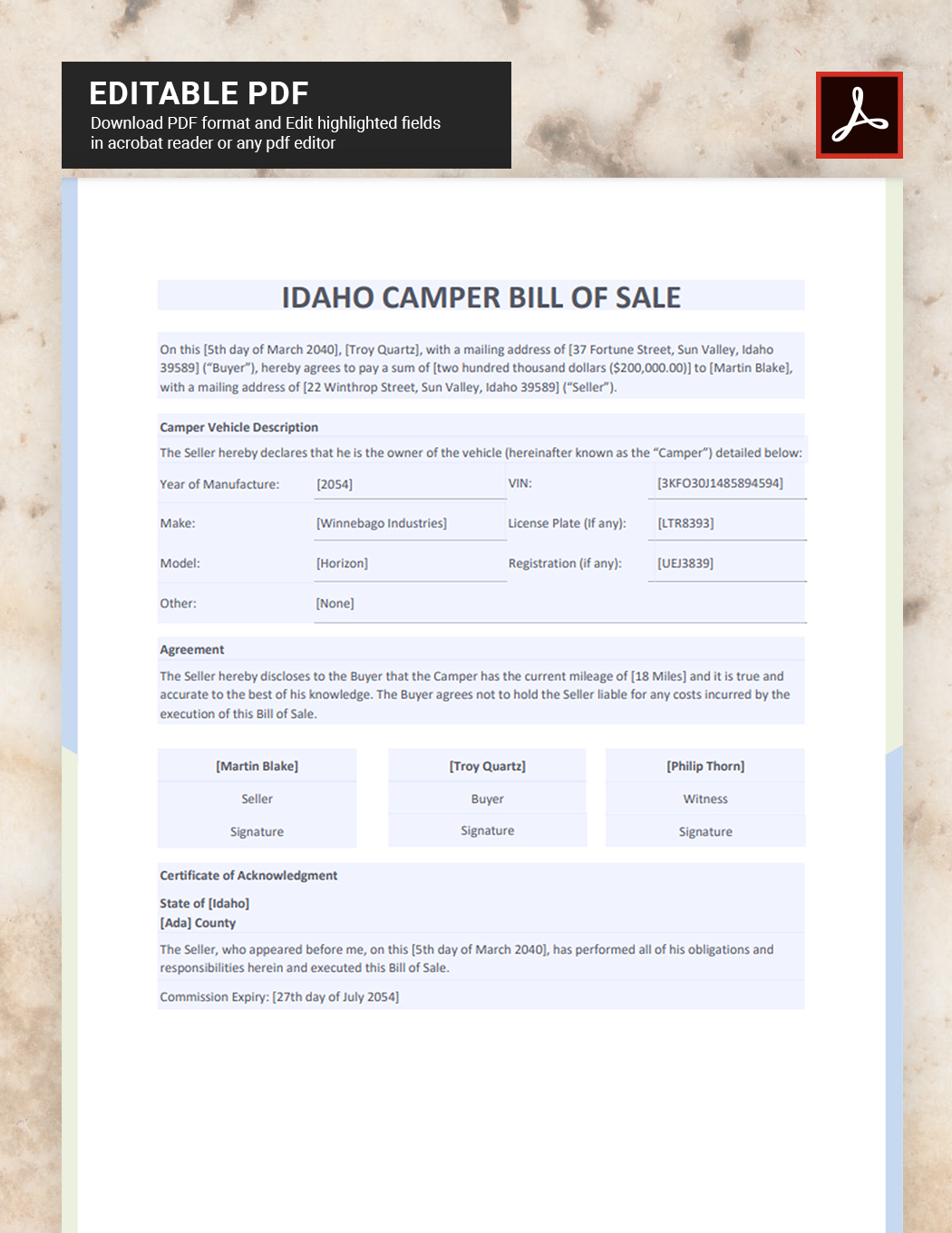 Idaho Camper Bill of Sale Template