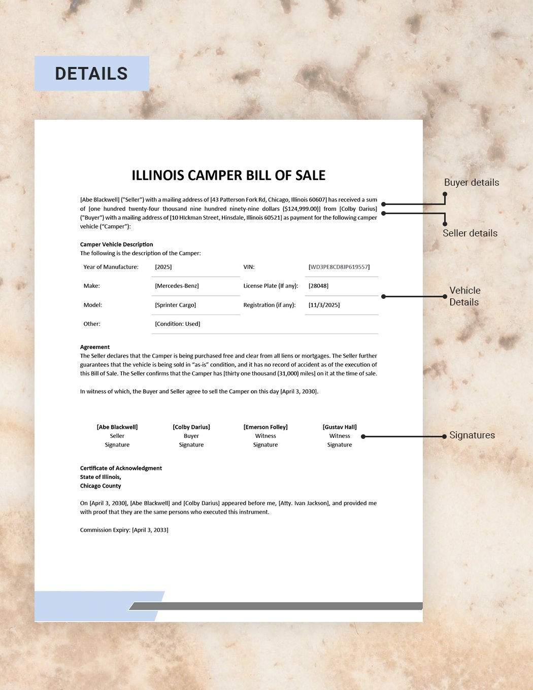 Illinois Camper Bill of Sale Template