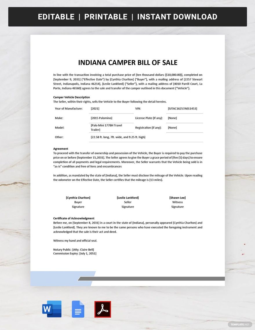 Indiana Camper Bill Of Sale Form Template in Word, Google Docs, PDF