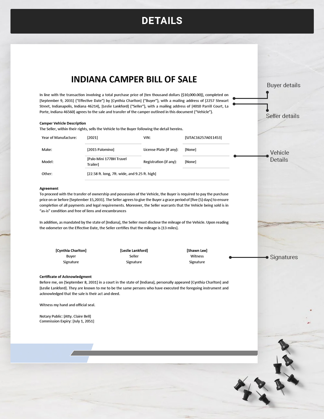 Indiana Camper Bill Of Sale Form Template