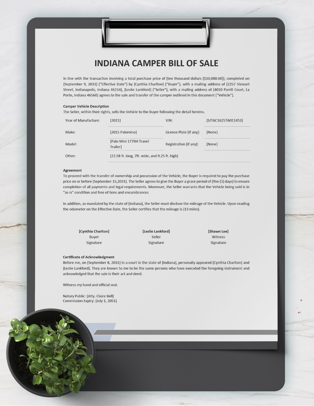 Indiana Camper Bill Of Sale Form Template