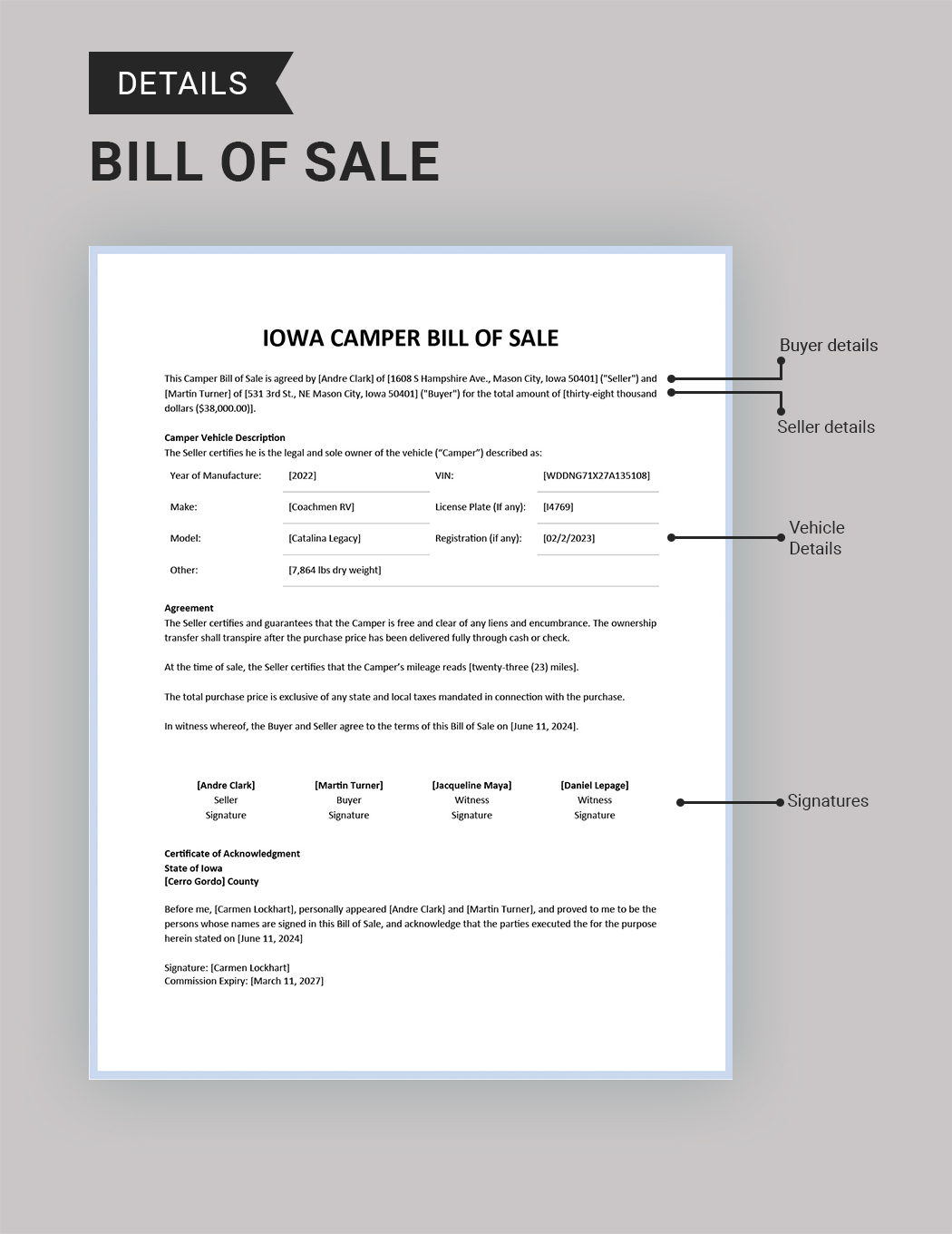 Iowa Camper Bill of Sale Template