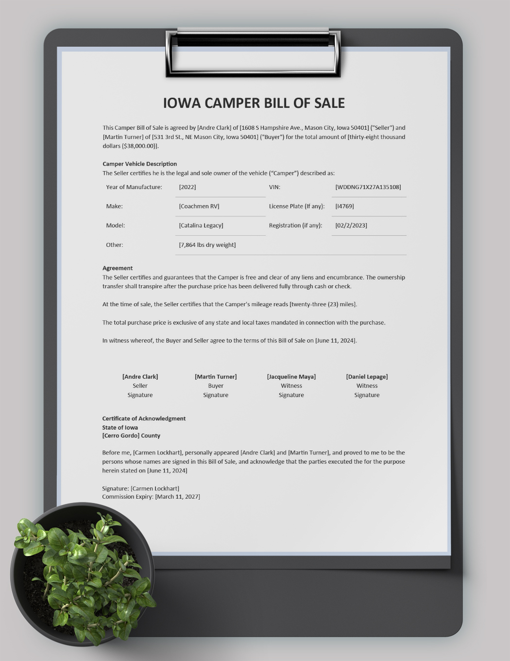 Iowa Camper Bill of Sale Template