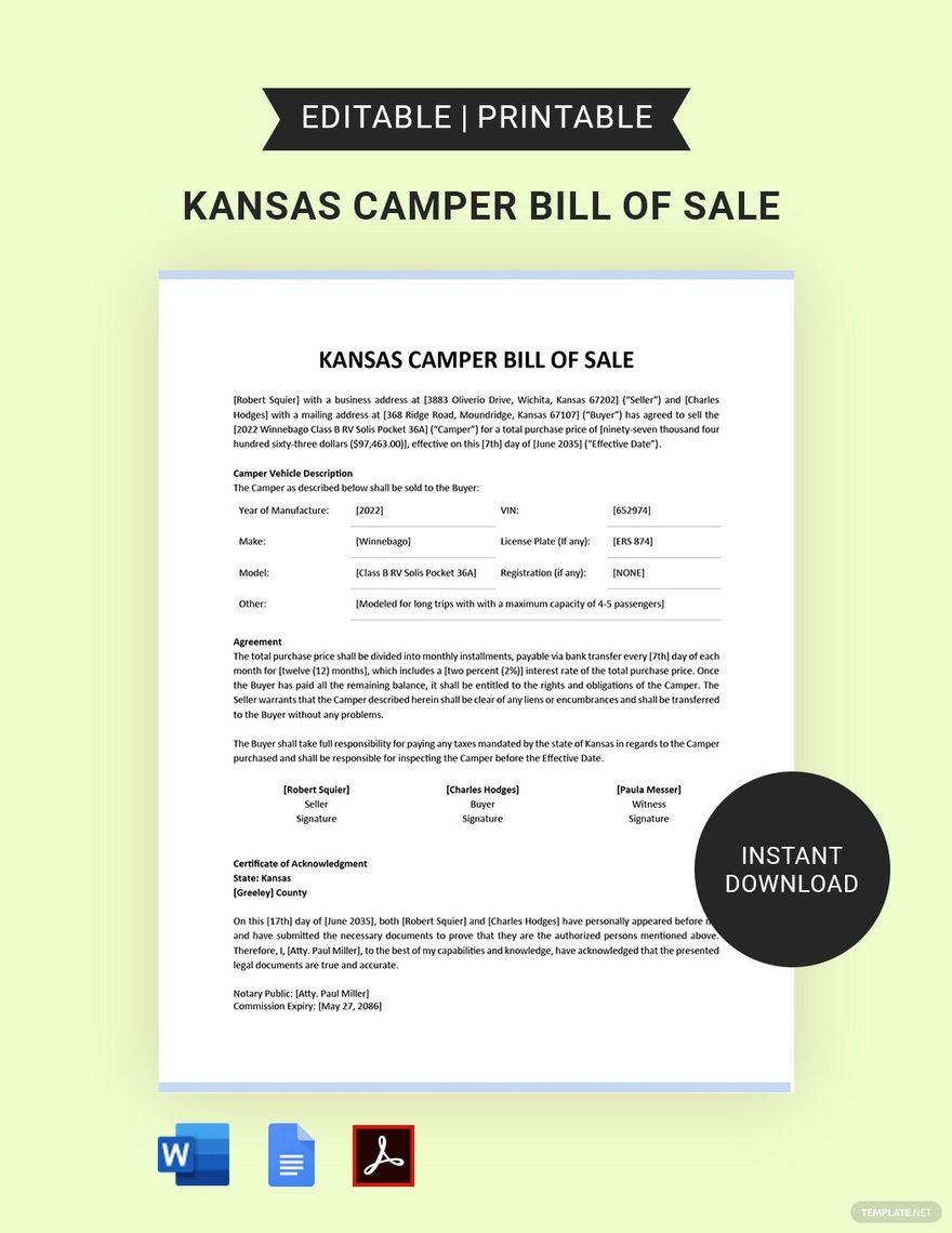 Kansas Camper Bill of Sale Template
