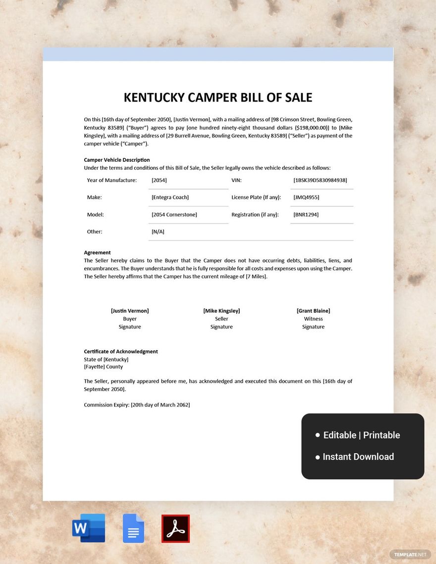 Kentucky Camper Bill of Sale Template