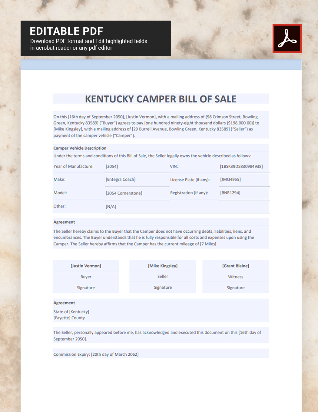 Kentucky Camper Bill of Sale Template
