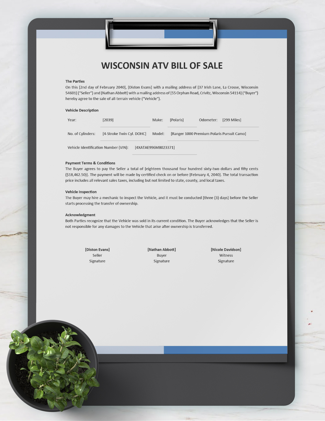 Wisconsin ATV Bill of Sale Template