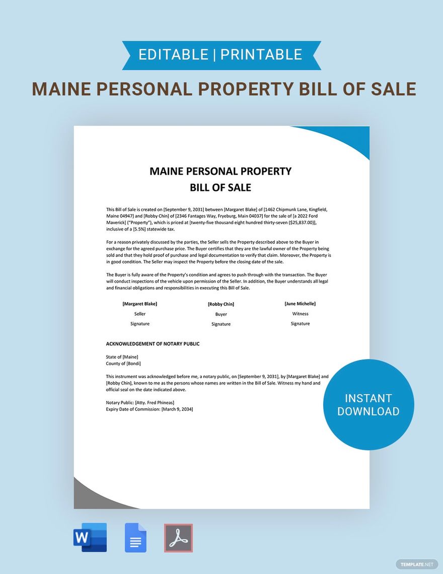 Maine Personal Property Bill Of Sale Template in Word, Google Docs, PDF