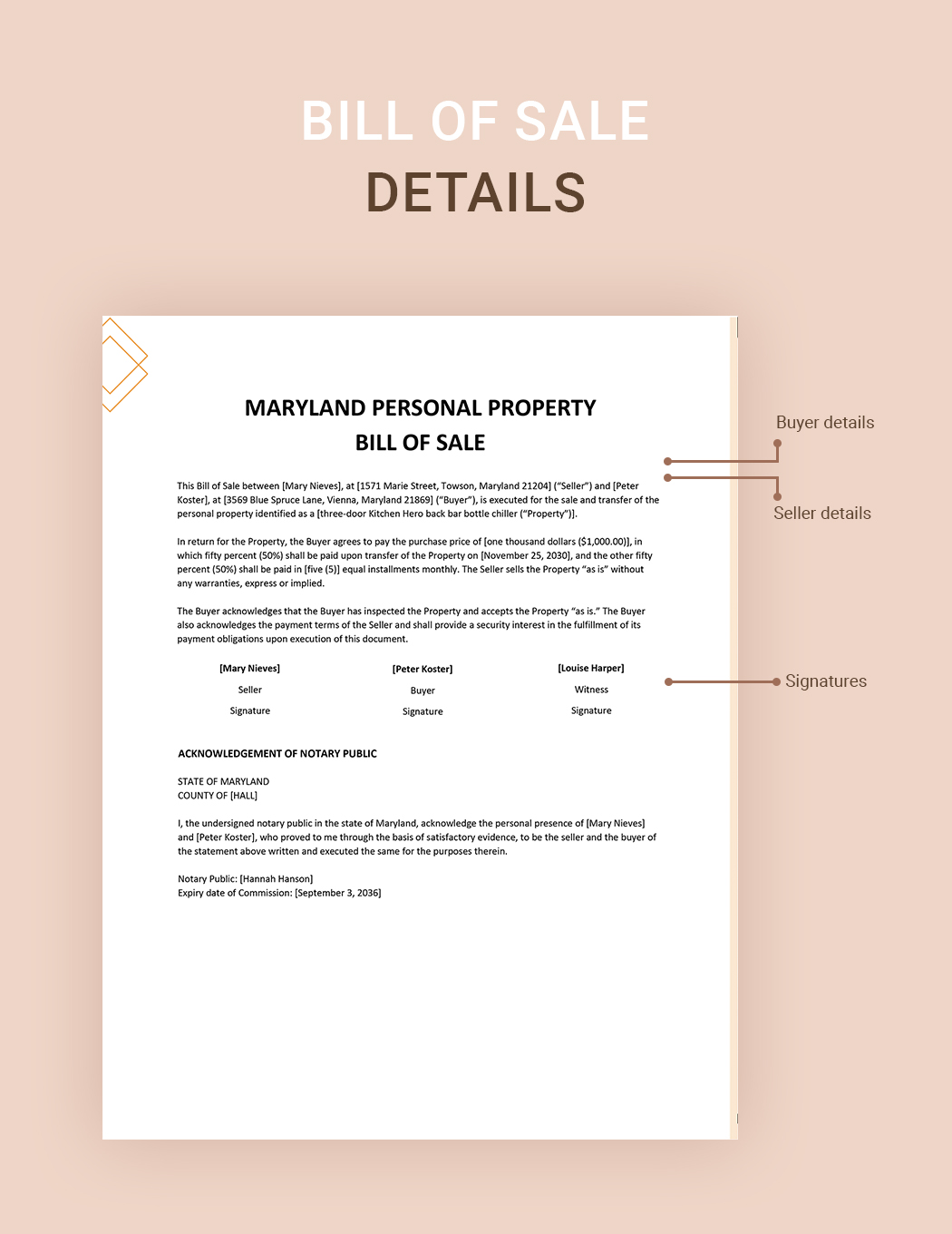 Maryland Personal Property Bill of Sale Form Template
