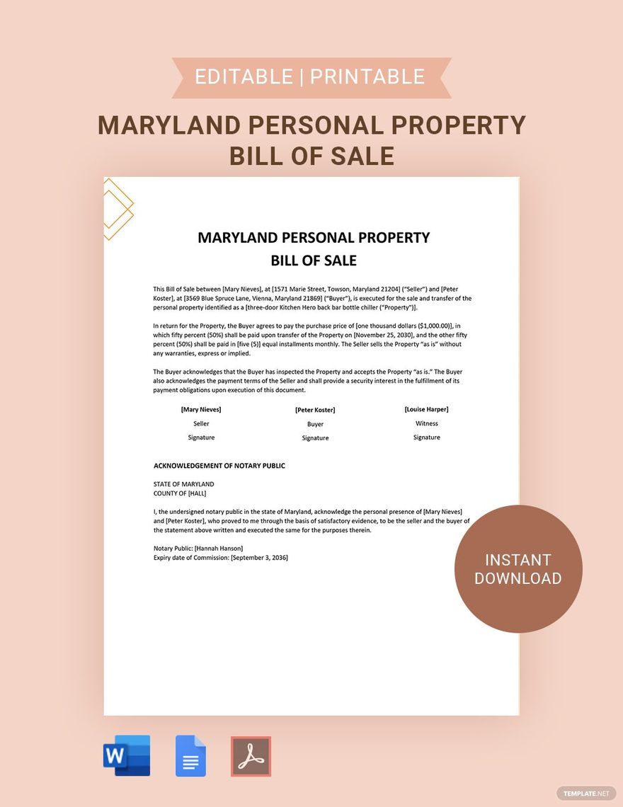 Free Maryland Personal Property Bill of Sale Form Template in Word, Google Docs, PDF