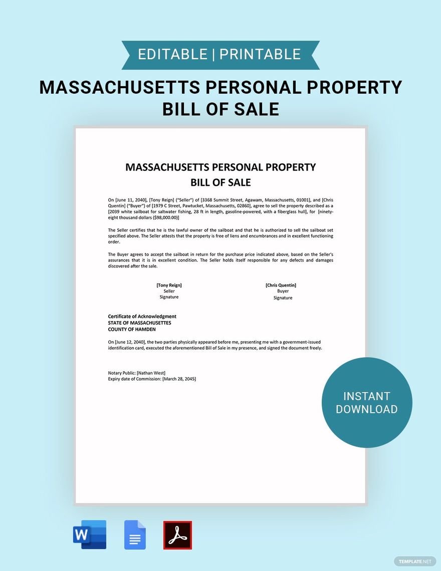 Massachusetts Personal Property Bill of Sale  Template in Word, Google Docs, PDF