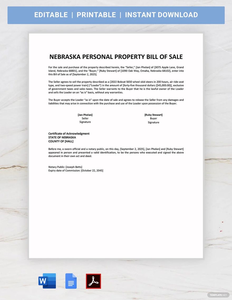 Nebraska Personal Property Bill of Sale Template