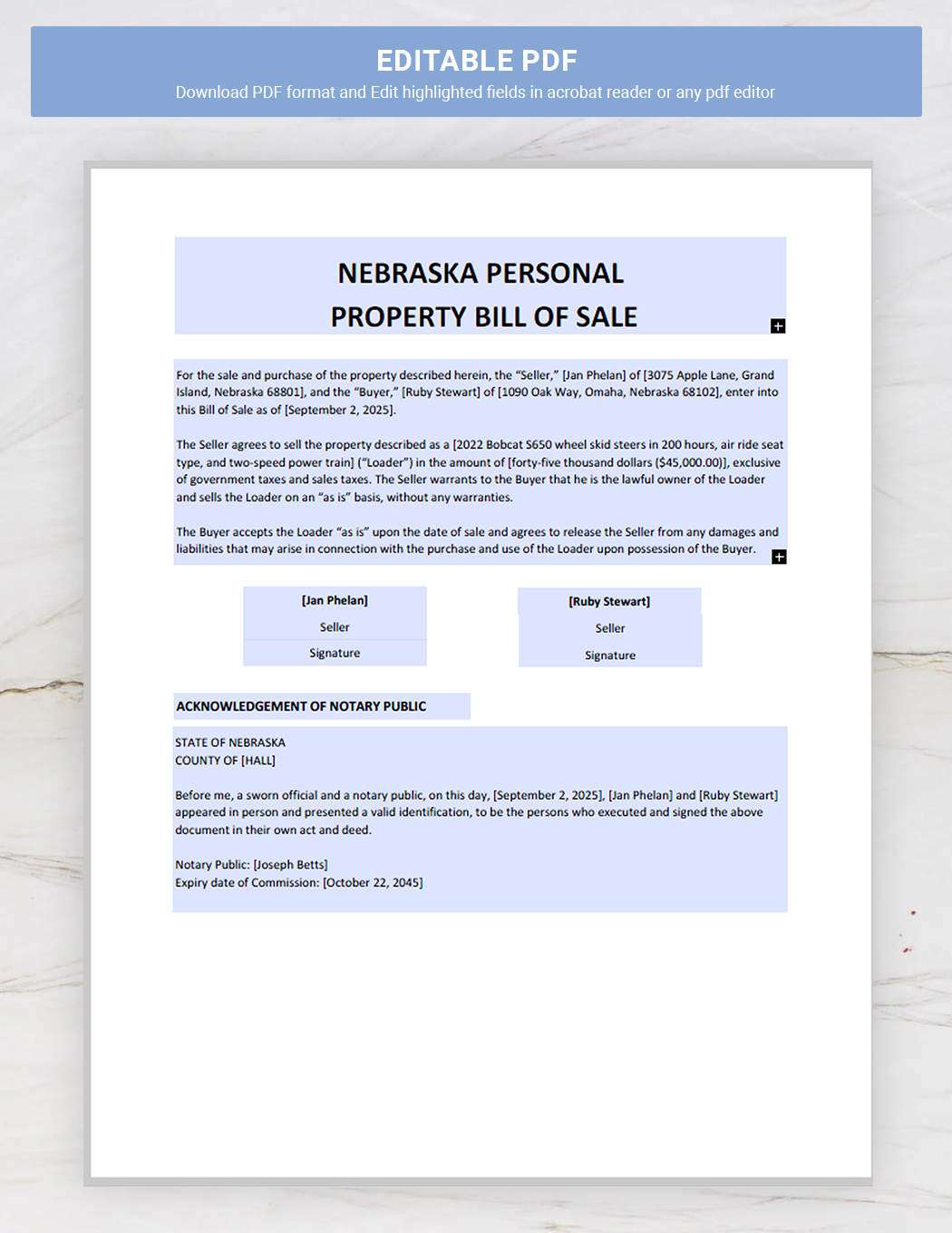 Nebraska Personal Property Bill of Sale Template