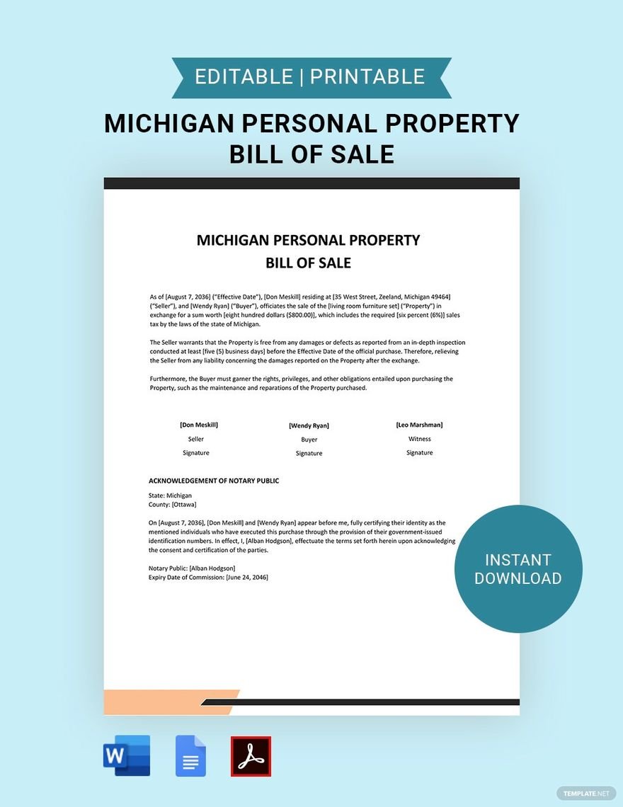 Michigan Personal Property Bill of Sale Template in Word, Google Docs, PDF