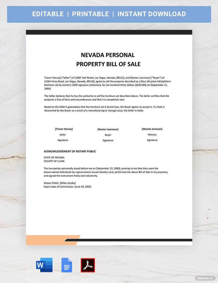 Free Nevada Personal Property Bill of Sale Form Template in Word, Google Docs, PDF