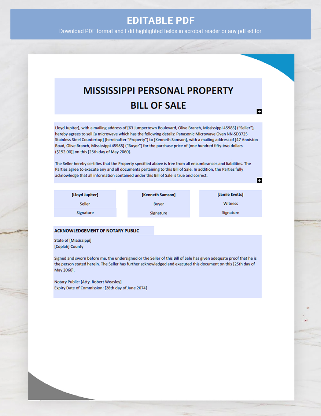 Mississippi Personal Property Bill of Sale Template