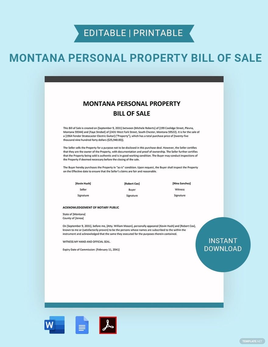 Montana Personal Property Bill Of Sale Template