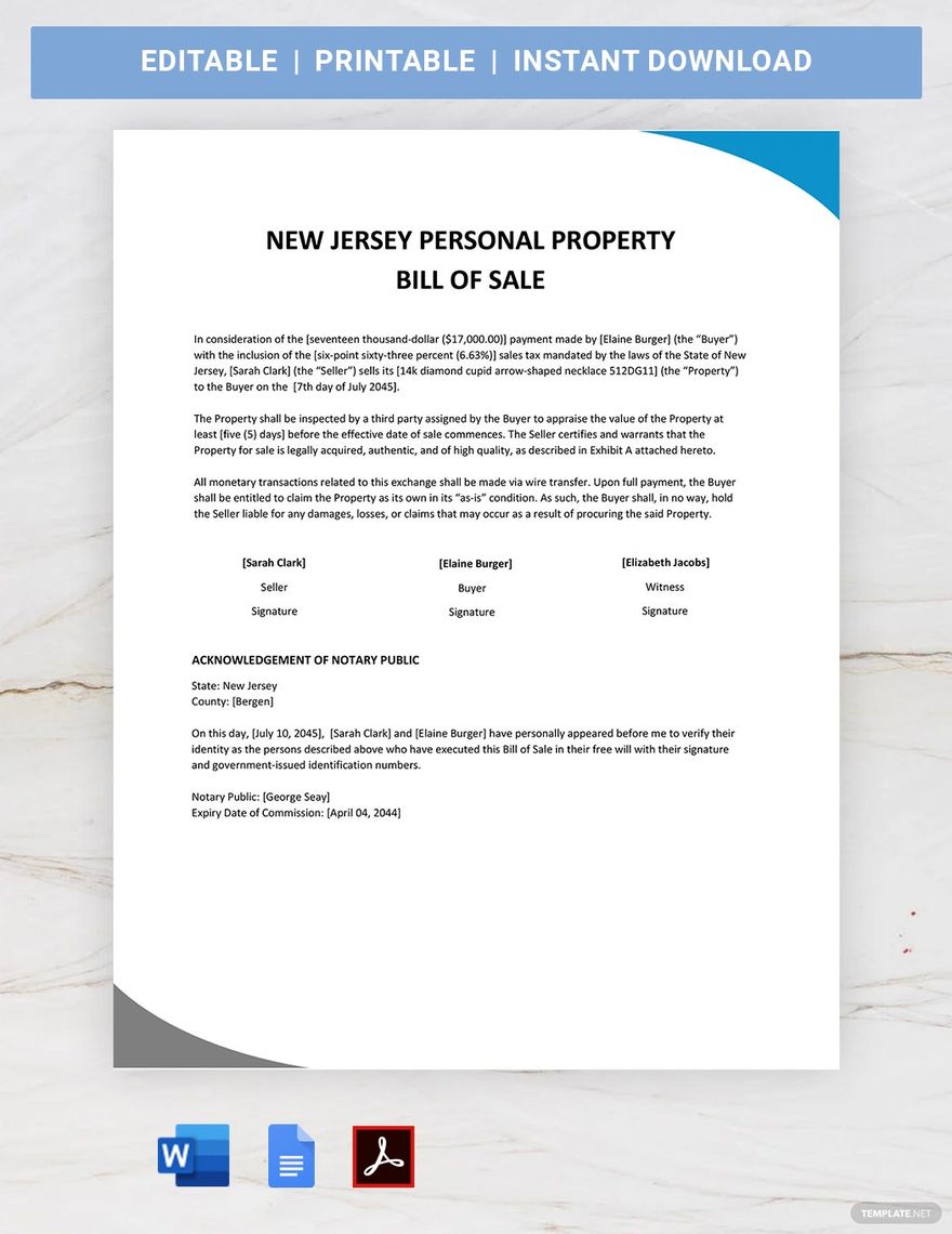New Jersey Personal Property Bill of Sale Template