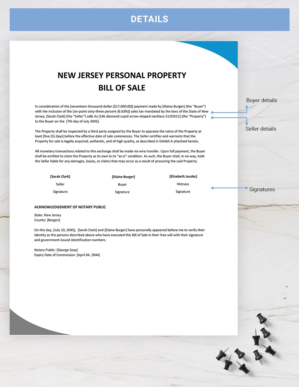 New Jersey Personal Property Bill of Sale Template
