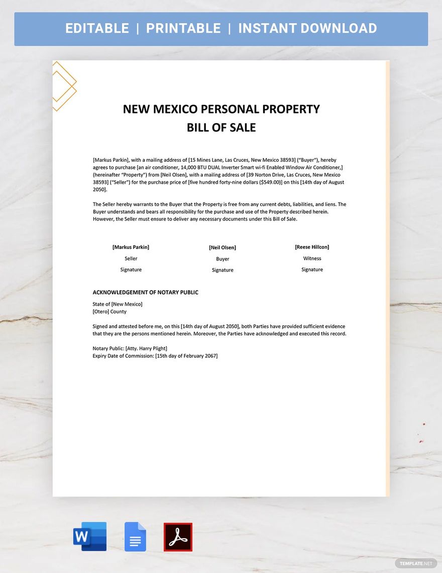 New Mexico Personal Property Bill of Sale Template in Word, Google Docs, PDF