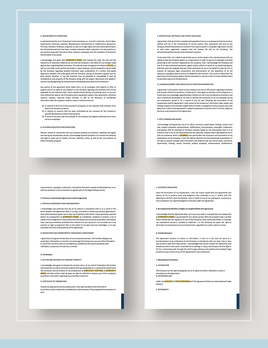 Proprietary Information and Inventions Agreement Template in Pages