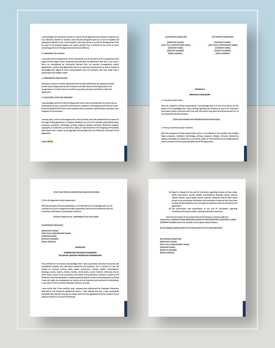 Proprietary Information and Inventions Agreement Template in Pages