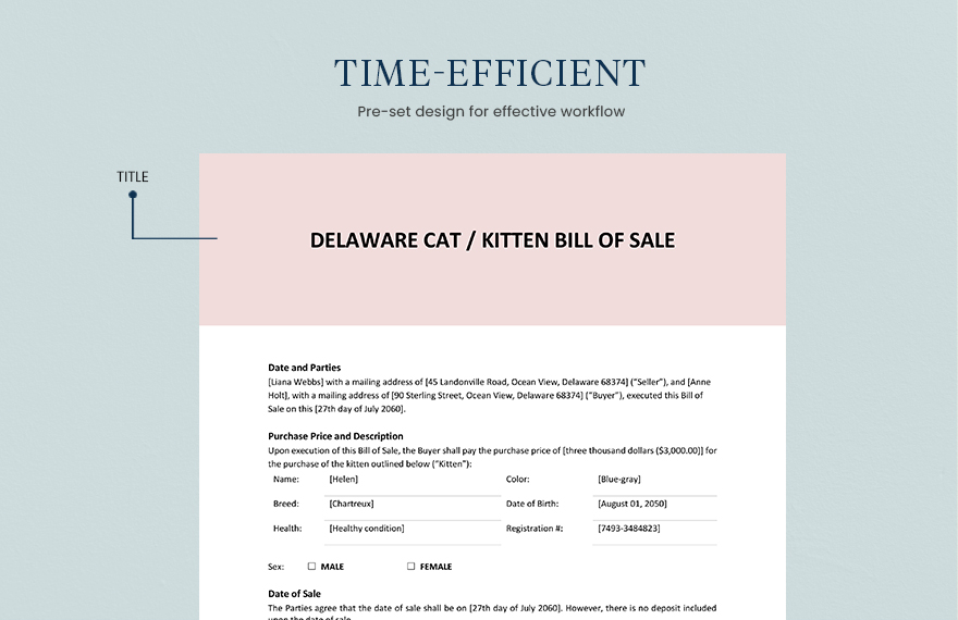 Delaware Cat / Kitten Bill Of Sale Form Template