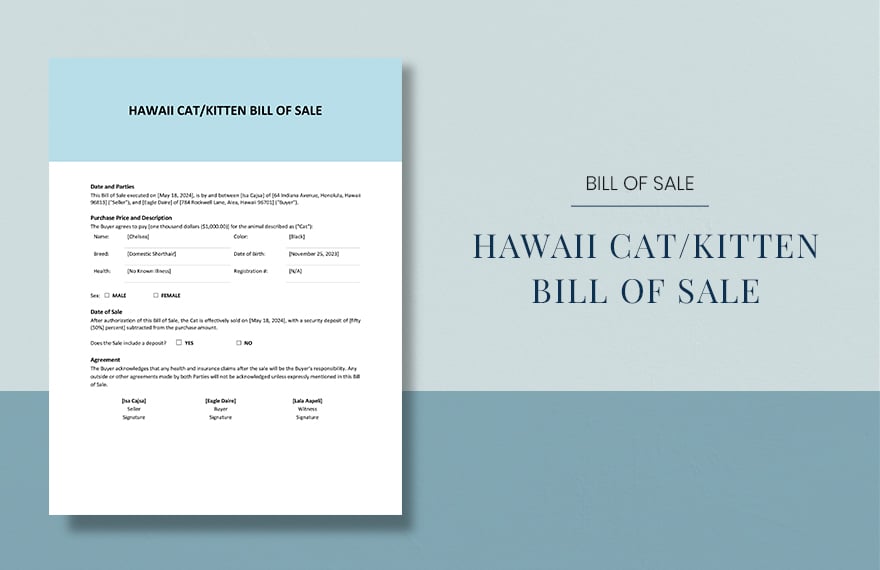 Hawaii Cat / Kitten Bill Of Sale Template