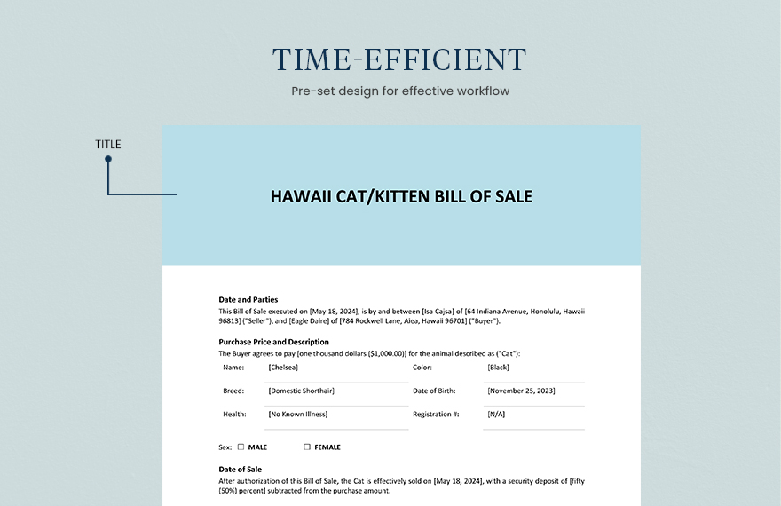 Hawaii Cat / Kitten Bill Of Sale Template