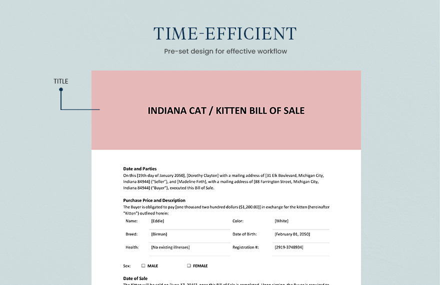 Indiana Cat / Kitten Bill of Sale Template