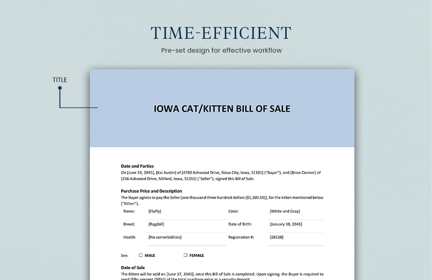 Iowa Cat / Kitten Bill of Sale Form Template