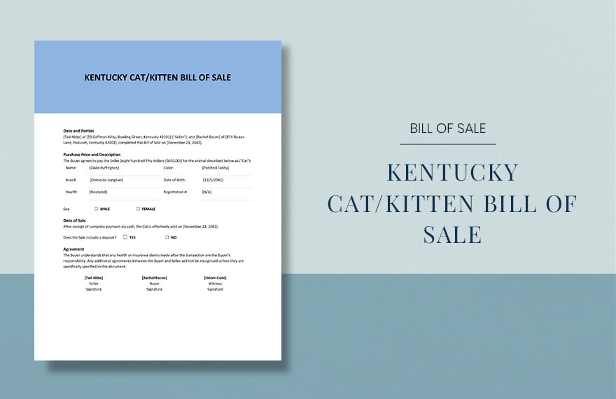 Kentucky Cat / Kitten Bill of Sale Template