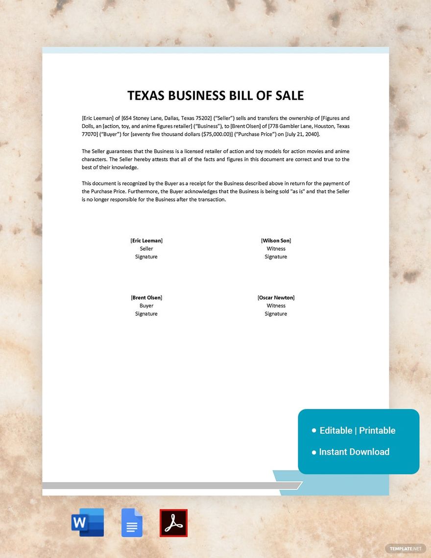 Texas Business Bill of Sale Template in Word, Google Docs, PDF