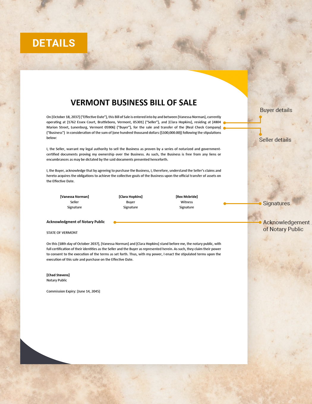 Vermont Business Bill of Sale Template