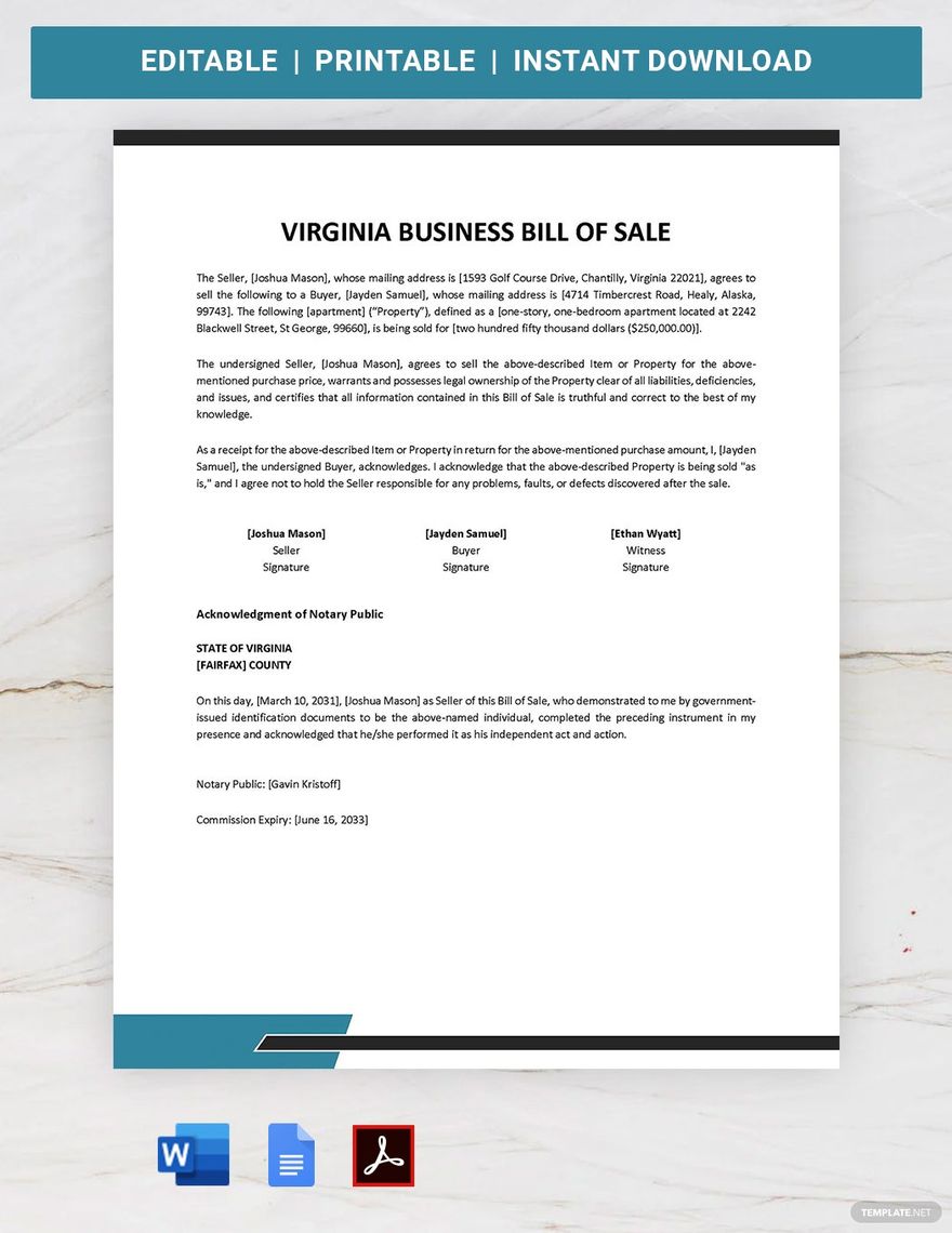 Virginia Business Bill of Sale Template in Word, Google Docs, PDF