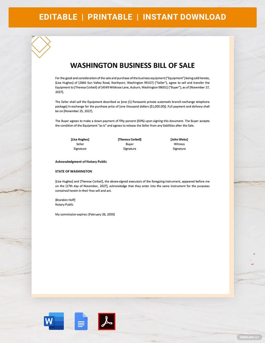 Washington Business Bill of Sale Template in Word, Google Docs, PDF