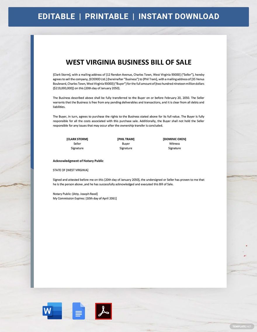 West Virginia Business Bill of Sale Template