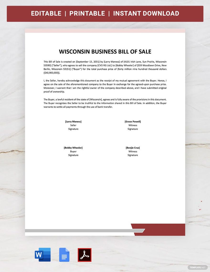 Wisconsin Business Bill of Sale Template in Word, Google Docs, PDF
