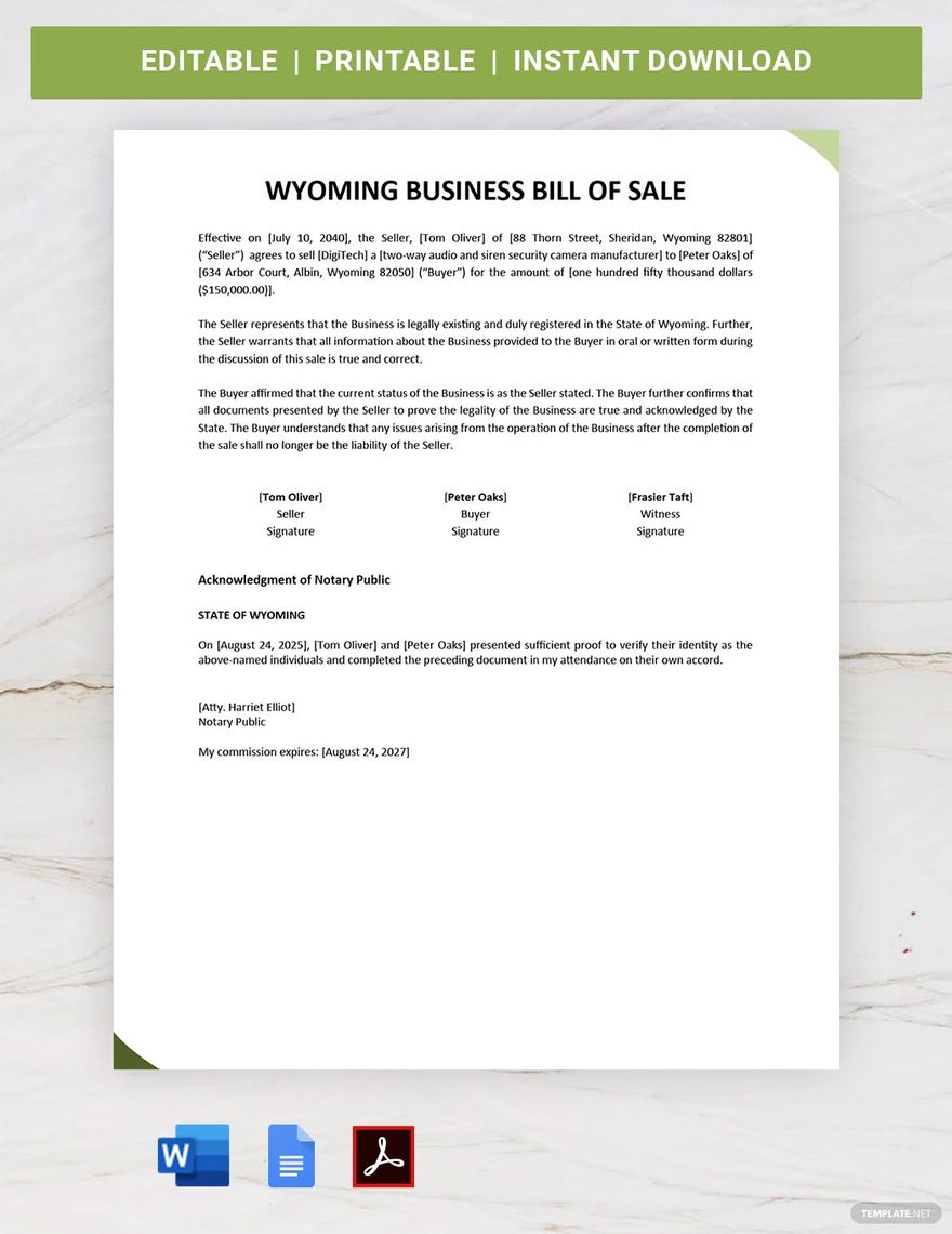 Wyoming Business Bill of Sale Form Template