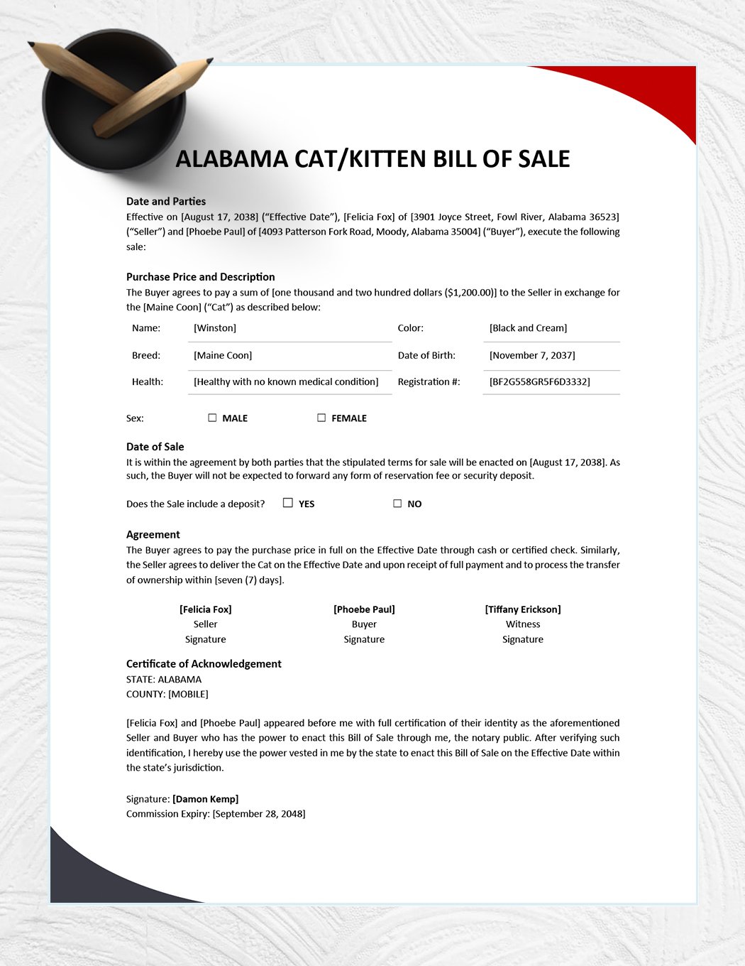 Alabama Cat / Kitten Bill of Sale Form Template
