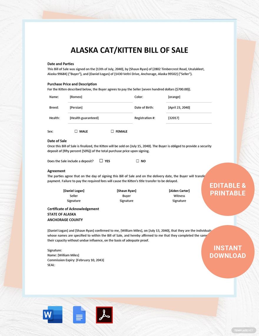Free Alaska Cat / Kitten Bill of Sale Template in Word, Google Docs, PDF