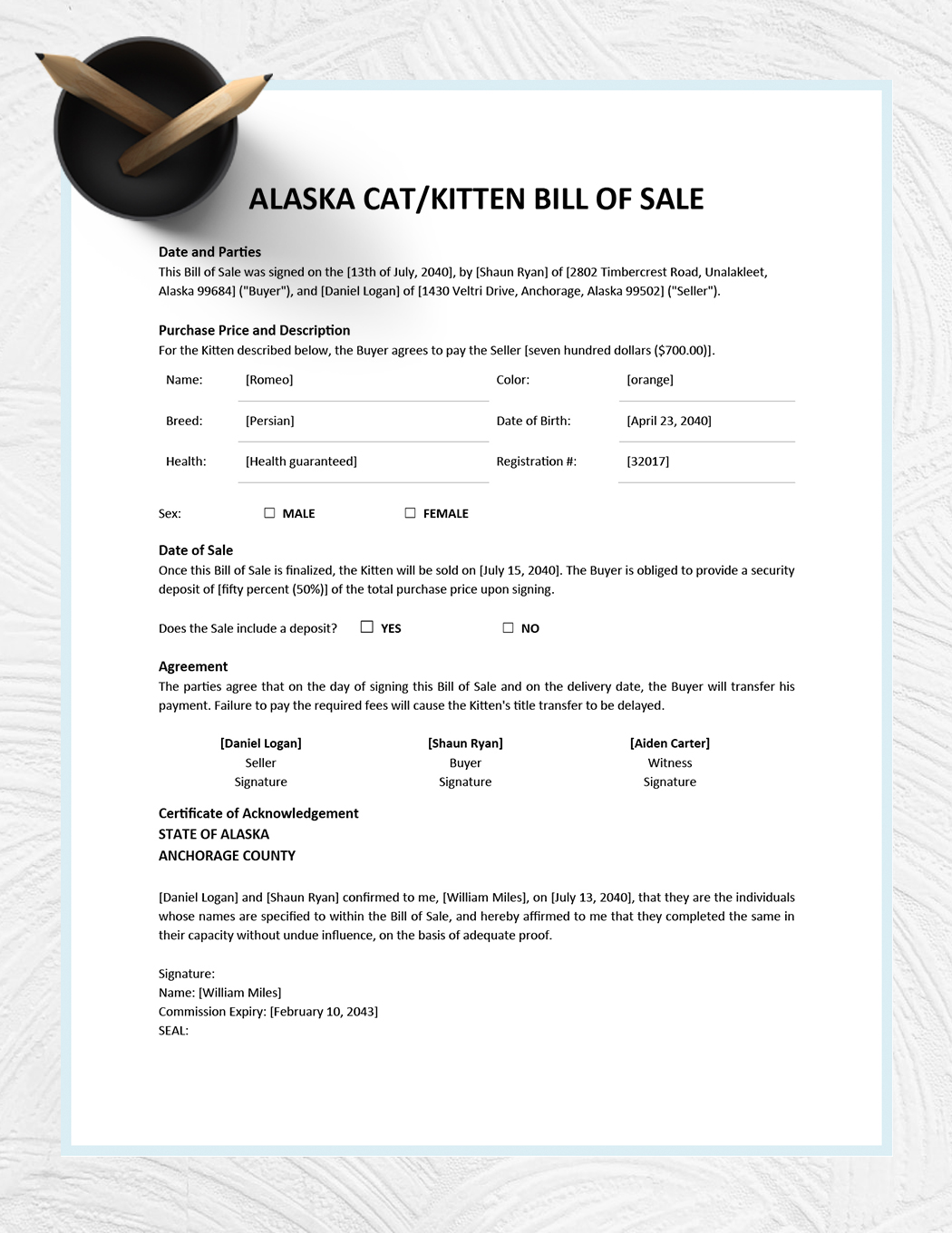 Alaska Cat / Kitten Bill of Sale Template