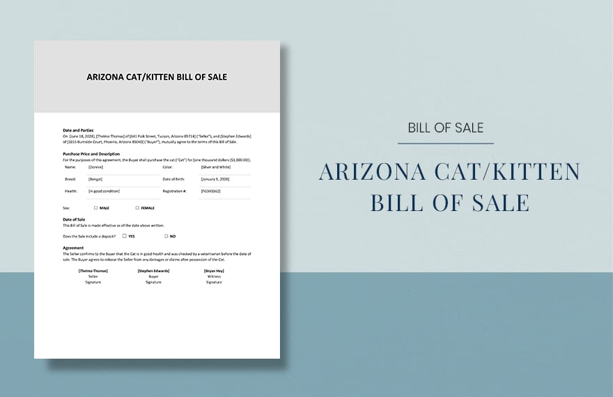 Arizona Cat / Kitten Bill of Sale Template