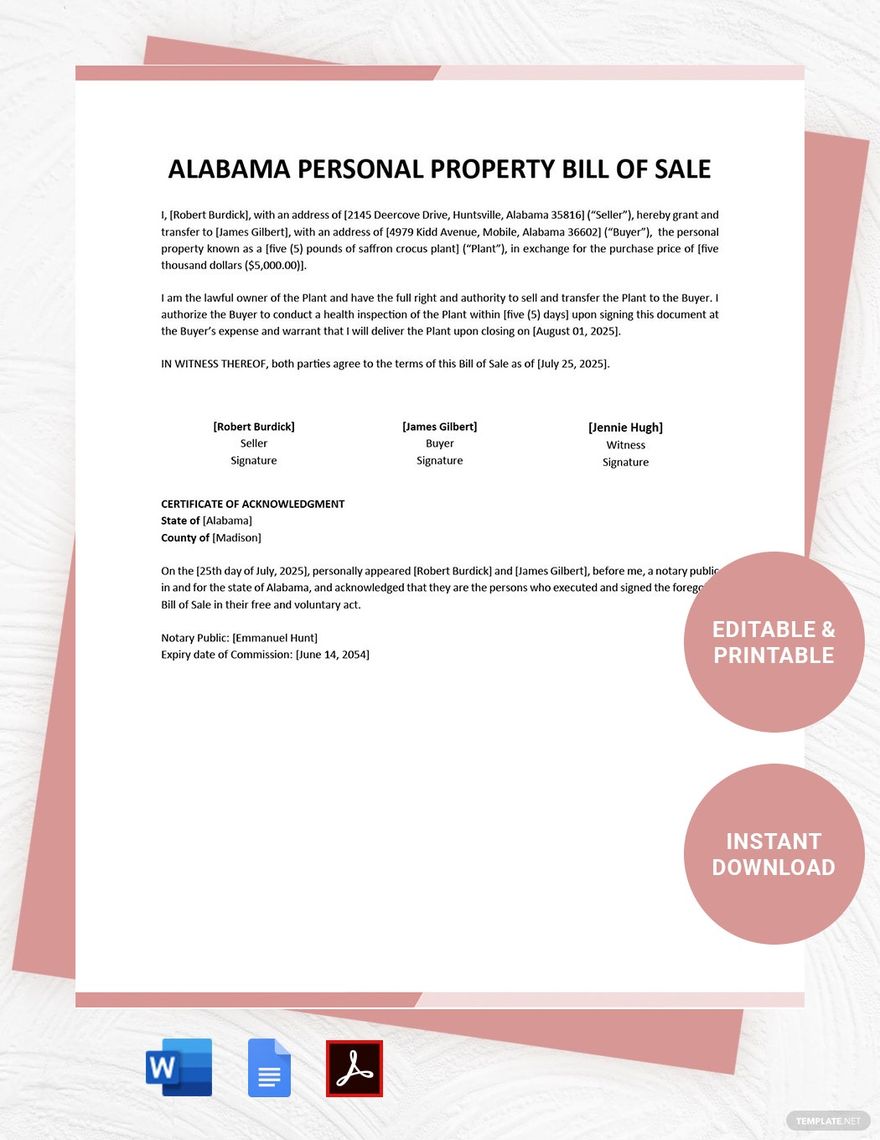 Alabama Personal Property Bill of Sale Template